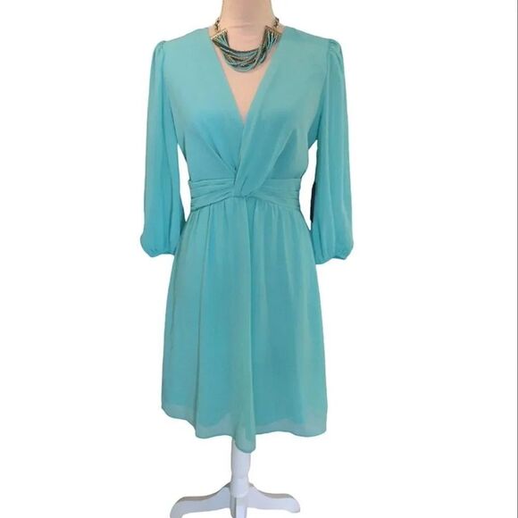 Vince Camuto Turquoise Chiffon Twist Front Balloon Sleeve Dress Size 4 NWT - Picture 2 of 12